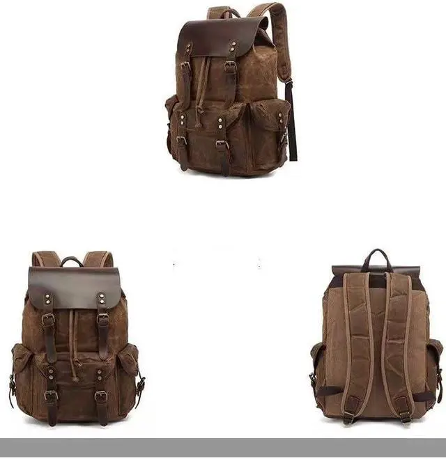Alt view image 2 of 5 - Genuine Leather Canvas waxed Backpack Travel Rucksack Laptop Bag