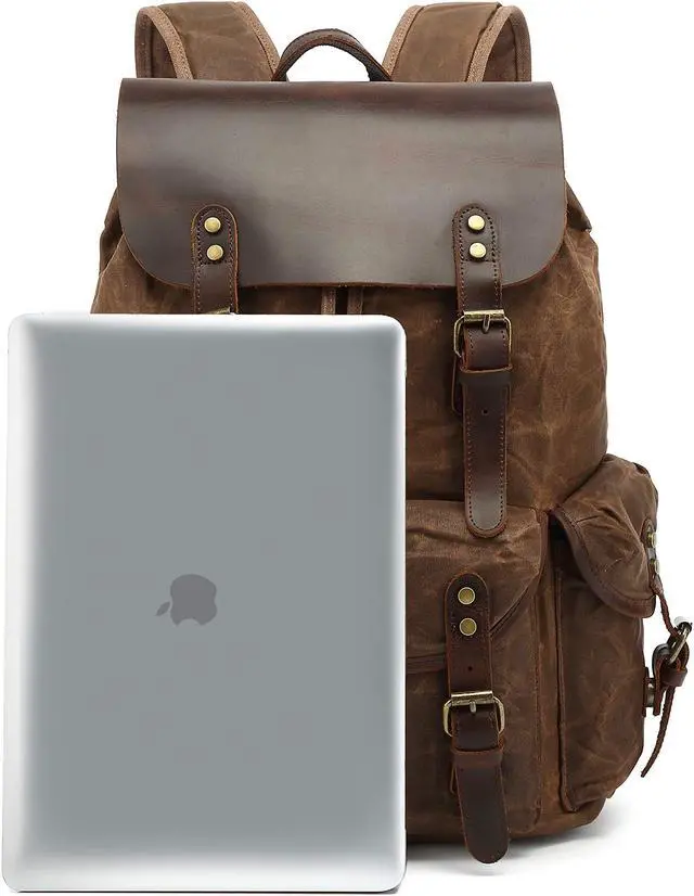 Alt view image 4 of 5 - Genuine Leather Canvas waxed Backpack Travel Rucksack Laptop Bag