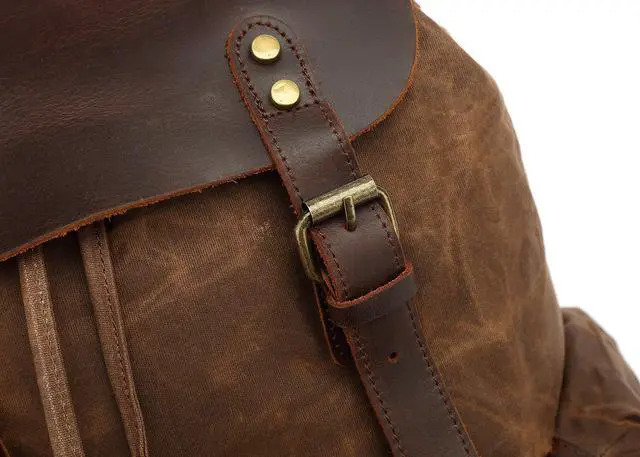 Alt view image 5 of 5 - Genuine Leather Canvas waxed Backpack Travel Rucksack Laptop Bag