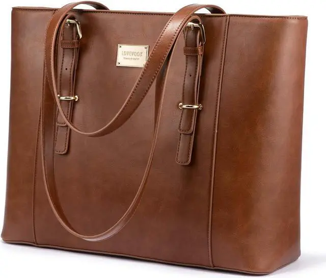 Main image of LOVEVOOK Laptop Bag for Women, Structured Leather Computer Bag, Professional Work Tote Purse, Teacher/Attorney's Choice, Retro-Brown