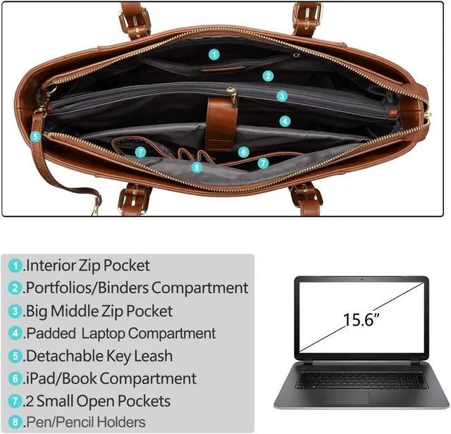 Alt view image 5 of 5 - LOVEVOOK Laptop Bag for Women, Structured Leather Computer Bag, Professional Work Tote Purse, Teacher/Attorney's Choice, Retro-Brown