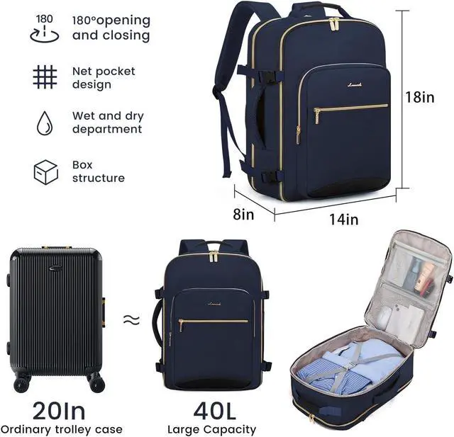 Alt view image 3 of 5 - LOVEVOOK 40L Large Travel Backpack for Women Men, 17 Inch Carry on Backpack for Traveling on Airplane, Personal Item Travel Bag Airline Approved, Business Causal Weekender Backpack, Blue-Black
