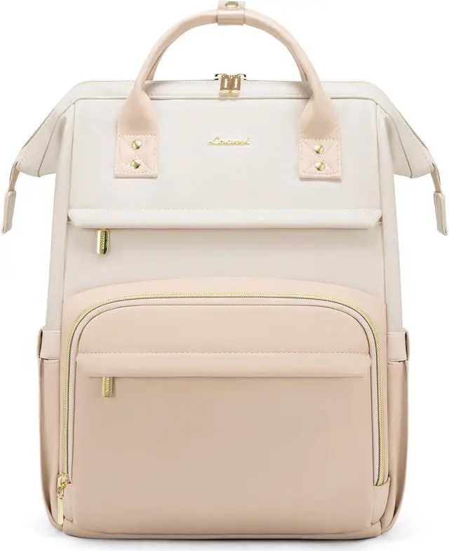 Main image of LOVEVOOK Leather Backpack for Women, 17 inch Laptop Backpack, Professional Work & Travel Bag, Beige-Flesh Beige