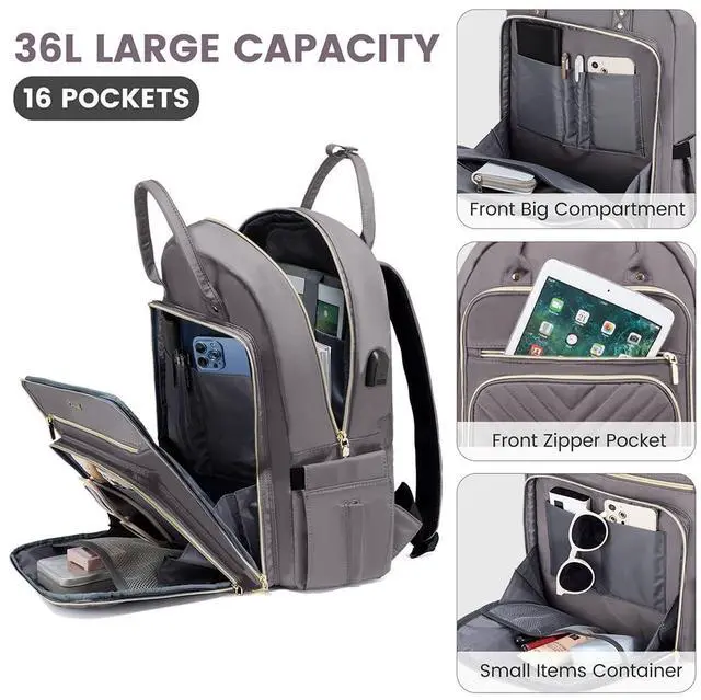 Alt view image 4 of 5 - LOVEVOOK Laptop Backpack for Women, Water Resistant Travel Work Backpacks Purse Stylish Business Teacher Nurse Computer Bag with USB Charging Port,Purple Gray