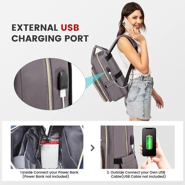 Alt view image 5 of 5 - LOVEVOOK Laptop Backpack for Women, Water Resistant Travel Work Backpacks Purse Stylish Business Teacher Nurse Computer Bag with USB Charging Port,Purple Gray