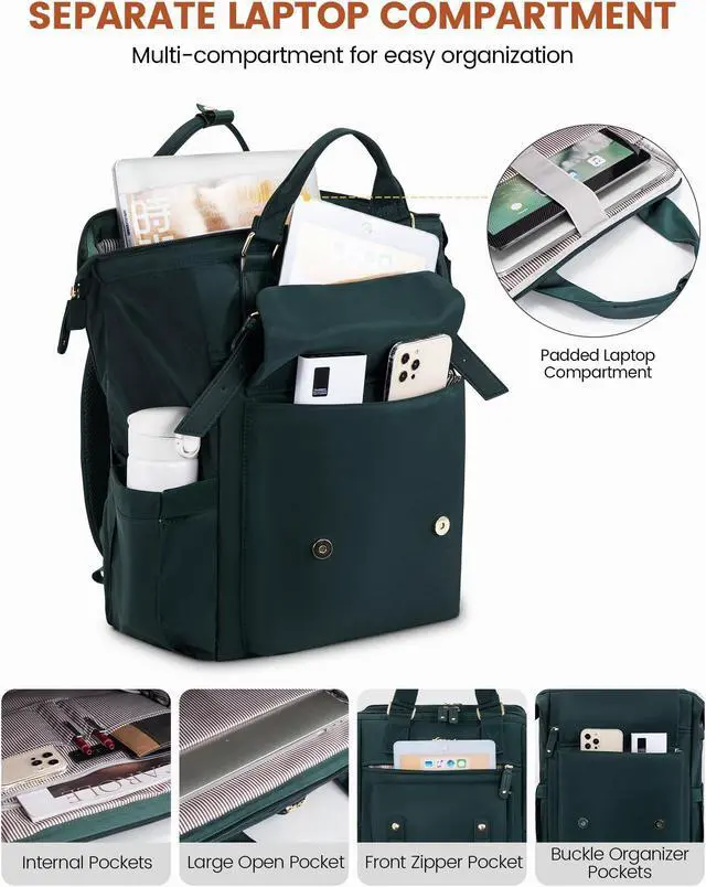 Alt view image 2 of 5 - LOVEVOOK Laptop Backpack for Women, Teacher Nurse Work Backpack Purse, Water Resistant Travel Backpack with Separate Laptop Compartment, College Back pack, 15.6 Inch - Dark Green