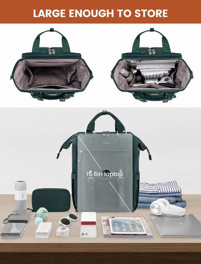 Alt view image 3 of 5 - LOVEVOOK Laptop Backpack for Women, Teacher Nurse Work Backpack Purse, Water Resistant Travel Backpack with Separate Laptop Compartment, College Back pack, 15.6 Inch - Dark Green