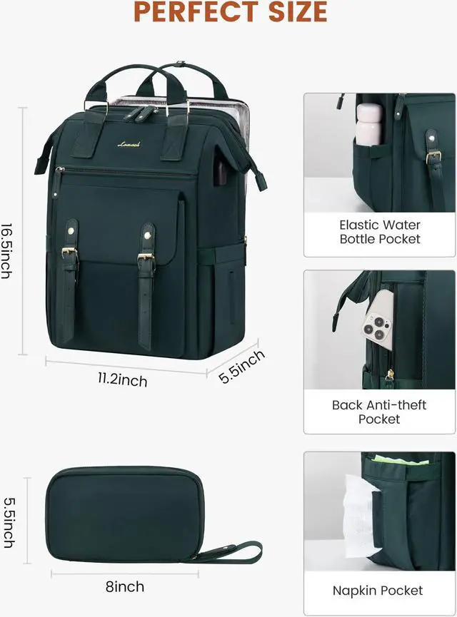 Alt view image 5 of 5 - LOVEVOOK Laptop Backpack for Women, Teacher Nurse Work Backpack Purse, Water Resistant Travel Backpack with Separate Laptop Compartment, College Back pack, 15.6 Inch - Dark Green
