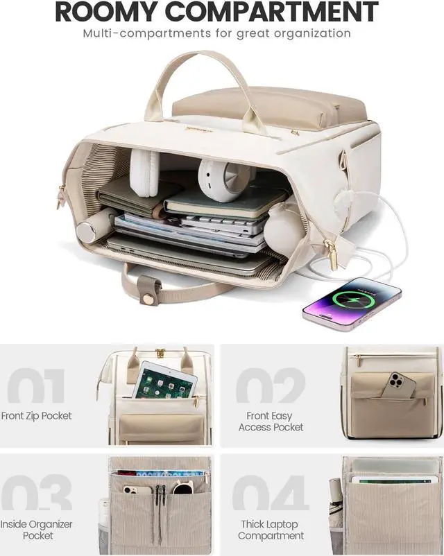Alt view image 3 of 5 - LOVEVOOK Laptop Backpack for Women 18 Inch, Travel Backpack with USB Charging Port Large Capacity Laptop Bag, Waterproof Bag for Business College Airline Approved Work Backpack(Beige)