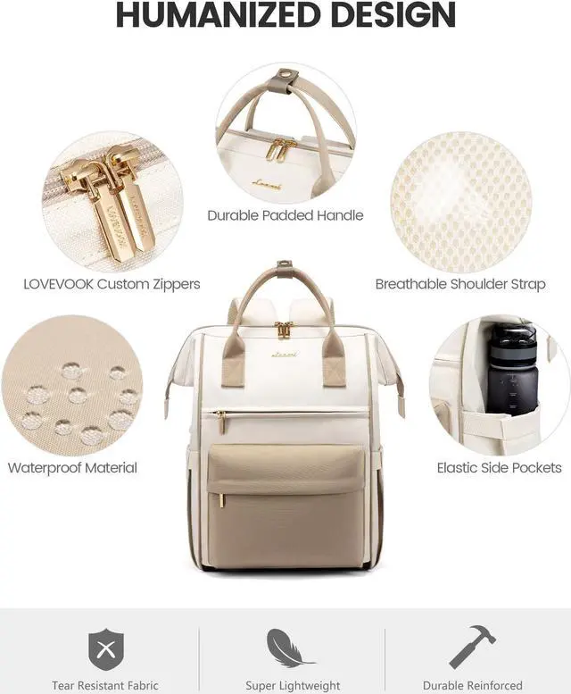 Alt view image 5 of 5 - LOVEVOOK Laptop Backpack for Women 18 Inch, Travel Backpack with USB Charging Port Large Capacity Laptop Bag, Waterproof Bag for Business College Airline Approved Work Backpack(Beige)