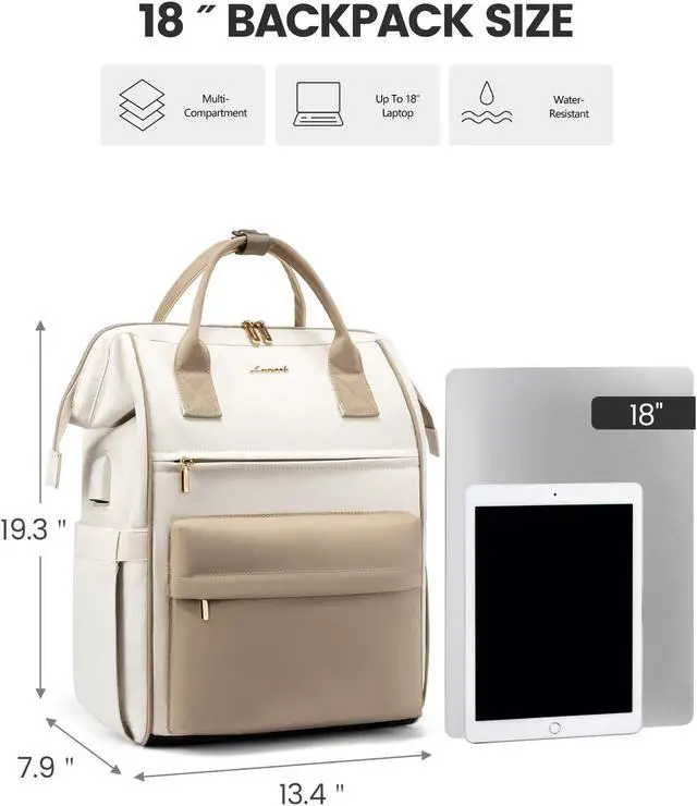 Alt view image 2 of 5 - LOVEVOOK Laptop Backpack for Women 18 Inch, Travel Backpack with USB Charging Port Large Capacity Laptop Bag, Waterproof Bag for Business College Airline Approved Work Backpack(Beige)