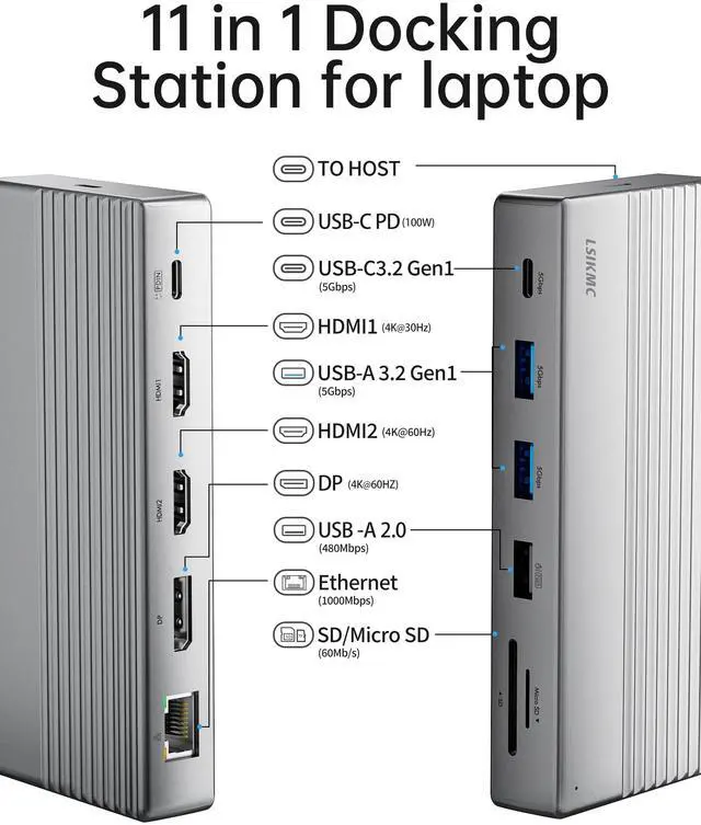 Alt view image 2 of 5 - Dual Monitor Docking Station, USB C Dock(11-in-1) Support Dual/Triple Display with 2 HDMI, DP, 100W PD, Ethernet, 4USB, SD/TF Card Reader, Multi-Port Laptop Dock Compatible with MacBook/Dell/HP/Lenovo