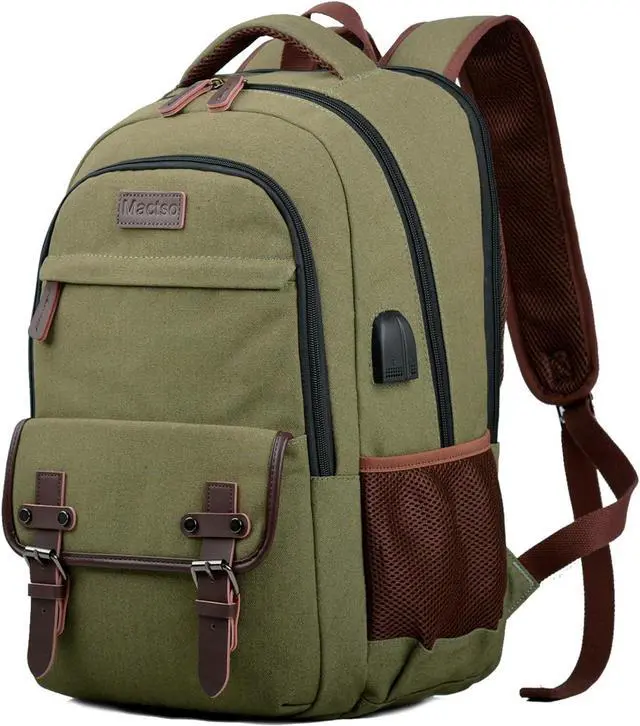 Main image of Mactso Canvas Travel Laptop Backpack for Men Women, Business Work Rucksack College School Computer Bag Fits 15.6 Inch Notebook,Bookbag with USB Charging Port (Green, 15.6 Inch)