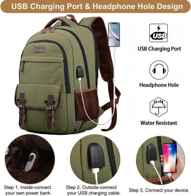 Alt view image 2 of 5 - Mactso Canvas Travel Laptop Backpack for Men Women, Business Work Rucksack College School Computer Bag Fits 15.6 Inch Notebook,Bookbag with USB Charging Port (Green, 15.6 Inch)