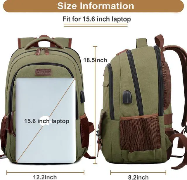 Alt view image 5 of 5 - Mactso Canvas Travel Laptop Backpack for Men Women, Business Work Rucksack College School Computer Bag Fits 15.6 Inch Notebook,Bookbag with USB Charging Port (Green, 15.6 Inch)