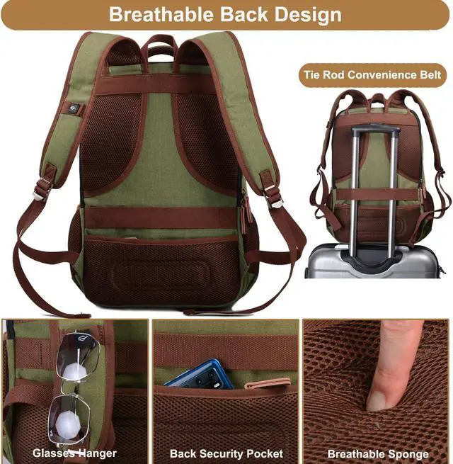 Alt view image 4 of 5 - Mactso Canvas Travel Laptop Backpack for Men Women, Business Work Rucksack College School Computer Bag Fits 15.6 Inch Notebook,Bookbag with USB Charging Port (Green, 15.6 Inch)