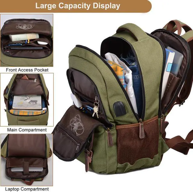 Alt view image 3 of 5 - Mactso Canvas Travel Laptop Backpack for Men Women, Business Work Rucksack College School Computer Bag Fits 15.6 Inch Notebook,Bookbag with USB Charging Port (Green, 15.6 Inch)