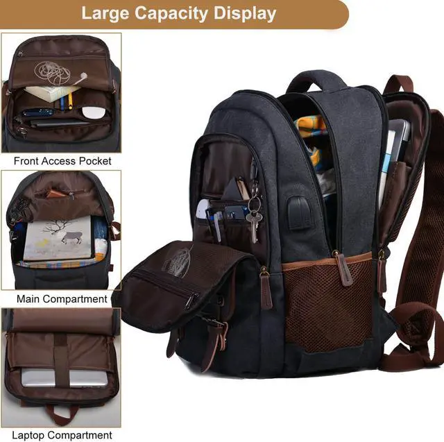 Alt view image 3 of 5 - Mactso Canvas Travel Laptop Backpack for Men Women, Business Work Rucksack College School Computer Bag Fits 15.6 Inch Notebook,Bookbag with USB Charging Port (Black, 15.6 Inch)