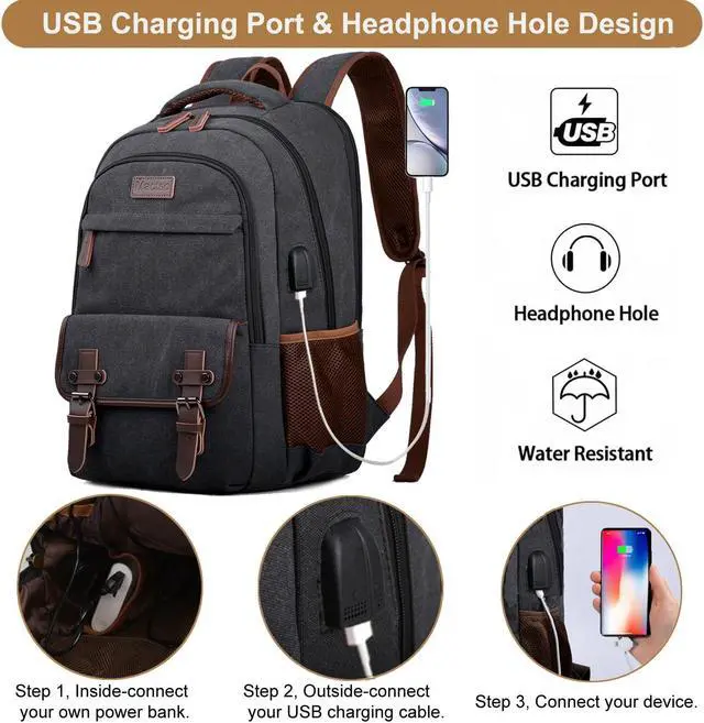 Alt view image 2 of 5 - Mactso Canvas Travel Laptop Backpack for Men Women, Business Work Rucksack College School Computer Bag Fits 15.6 Inch Notebook,Bookbag with USB Charging Port (Black, 15.6 Inch)