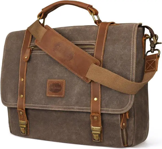 Main image of Manificent Laptop Messenger bag for Mens 15.6 Inch, Waterproof Vintage Genuine Leather Mens Briefcase shoulder bag 16 Storage Pockets, Waxed Canvas Leather Computer Business Satchel Work Bag (Brown)