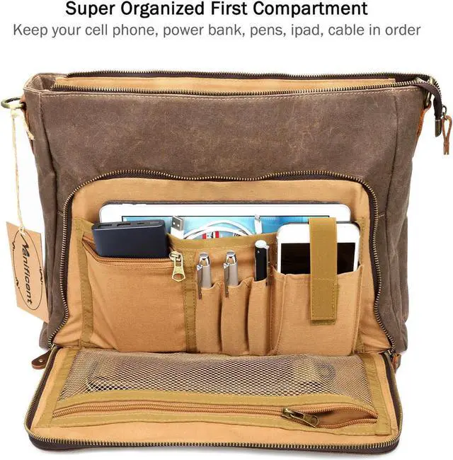 Alt view image 3 of 5 - Manificent Laptop Messenger bag for Mens 15.6 Inch, Waterproof Vintage Genuine Leather Mens Briefcase shoulder bag 16 Storage Pockets, Waxed Canvas Leather Computer Business Satchel Work Bag (Brown)