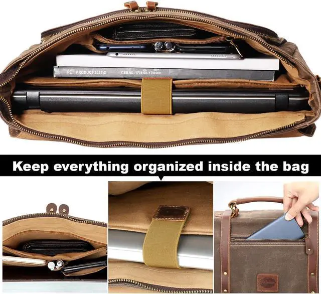 Alt view image 5 of 5 - Manificent Laptop Messenger bag for Mens 15.6 Inch, Waterproof Vintage Genuine Leather Mens Briefcase shoulder bag 16 Storage Pockets, Waxed Canvas Leather Computer Business Satchel Work Bag (Brown)