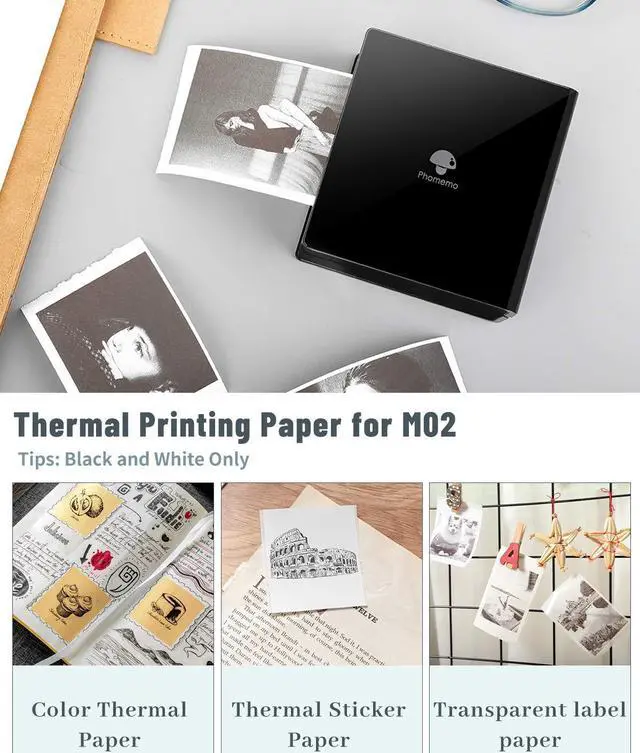 Alt view image 5 of 5 - Phomemo M02 Mini Pocket Printer with 3 Rolls Adhesive White Thermal Labels,Bluetooth Photo Printer for Phone, for Fun, DIY Journal, Study, Good Gift, Black