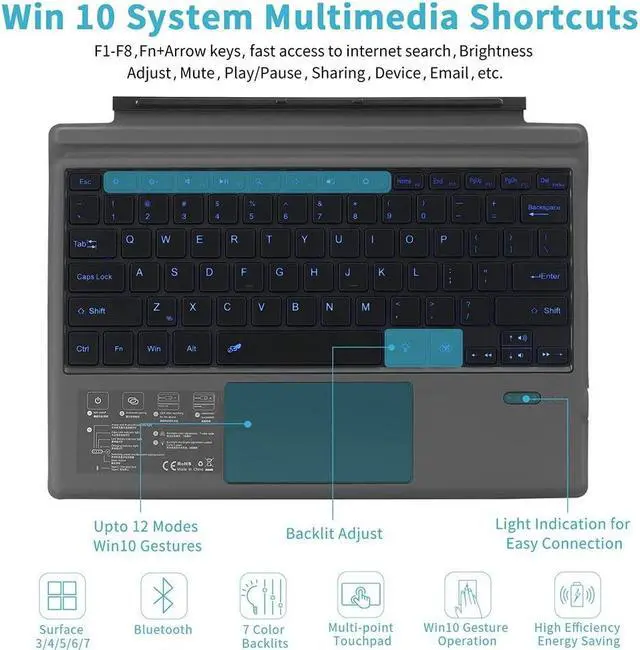 Alt view image 2 of 5 - Wireless Bluetooth Keyboard with Touchpad for Microsoft Surface Pro 3/4/5/6/7, Portable Replacement Keyboard Type Cover with 7 Color LED Backlit, Built-in 550mAh Lithium Battery