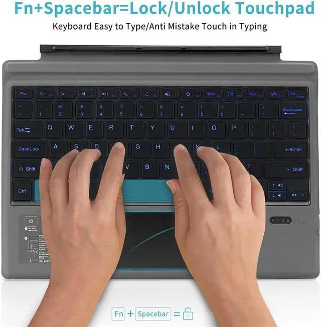 Alt view image 5 of 5 - Wireless Bluetooth Keyboard with Touchpad for Microsoft Surface Pro 3/4/5/6/7, Portable Replacement Keyboard Type Cover with 7 Color LED Backlit, Built-in 550mAh Lithium Battery