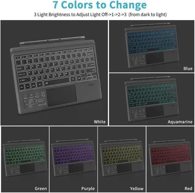 Alt view image 3 of 5 - Wireless Bluetooth Keyboard with Touchpad for Microsoft Surface Pro 3/4/5/6/7, Portable Replacement Keyboard Type Cover with 7 Color LED Backlit, Built-in 550mAh Lithium Battery
