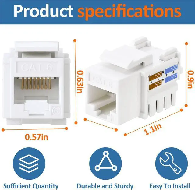 Alt view image 2 of 5 - Hoteam Cat6 Cable RJ45 Keystone Jack UTP Modular Ethernet Jack Insert 90-Degree, Punch Down Keystone Adapter for Secure Connection(White,100 Pcs)