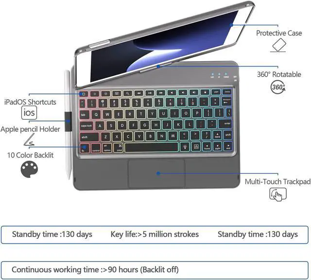 Alt view image 3 of 5 - HOTLIFE iPad Keyboard Case 10.2 9th Generation & 8th 7th Gen - Touch 360° Rotatable Protective Cover with Apple Pencil Holder Backlight Wireless 9, Titanium Gray