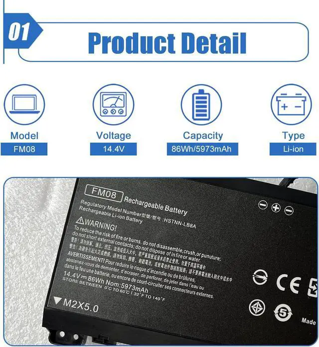 Alt view image 2 of 5 - Dentsing FM08 922752-421 922976-855 Laptop Battery Replace for HP OMEN 17-AN013TX 17-AN014TX 17-AN014NG 17-an008ur Series Notebook TPN-Q195 HSTNN-LB8B HSTNN-LB8A 14.4V 86Wh 5973mAh (16-PIN Connector)