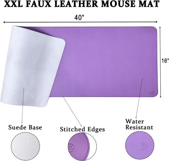 Alt view image 2 of 5 - ICONIC Pro PC Gear PU Leather Desk Mat | Premium Mouse Pad with Bonus Travel Pad, Coaster & Bookmark | Stylish, Durable, Waterproof Mouse Pad for Office & Home(Lavender XXL, 40"x16)