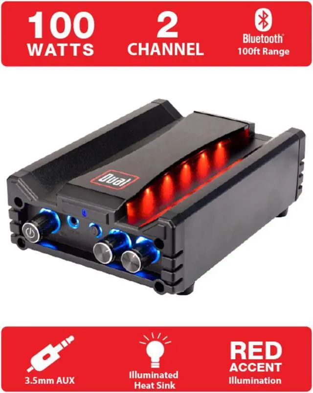 Alt view image 4 of 5 - Dual Electronics DBTMA100 Black Micro 2 Channel Class-D Amplifier | 3.5 mm AUX Input | Stereo RCA Outputs | 100 Watts Peak Power | Up to 100ft of Wireless Bluetooth Range