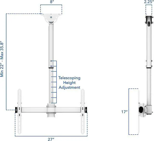 Alt view image 3 of 5 - Mount-It! Full Motion Ceiling TV Mount Bracket, Adjustable Height 360 Deg Swivel Tilt Mount for Home and Commercial Use, Fits up to 75 Inch TVs, 110 Pound Capacity, White
