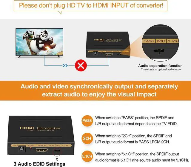Alt view image 3 of 5 - avedio links 4K@60Hz HDMI Audio Extractor Converter, HDMI Video Audio Splitter Embedder Adapter + (SPDIF + L/R Stereo), Compatible with Fire Stick, Xbox, Support 3D, HDCP 2.2, HDMI2.0,18Gpbs (4K 60Hz)