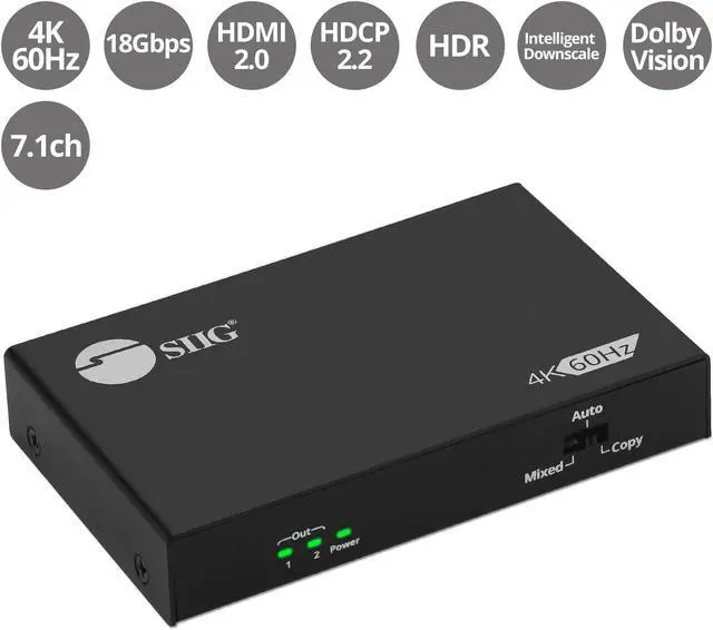 Alt view image 2 of 5 - SIIG 4K 60Hz HDMI Splitter, 1 in 2 Out, Downscaling, HDR, HDCP 2.2, EDID Management (CE-H26B11-S1)
