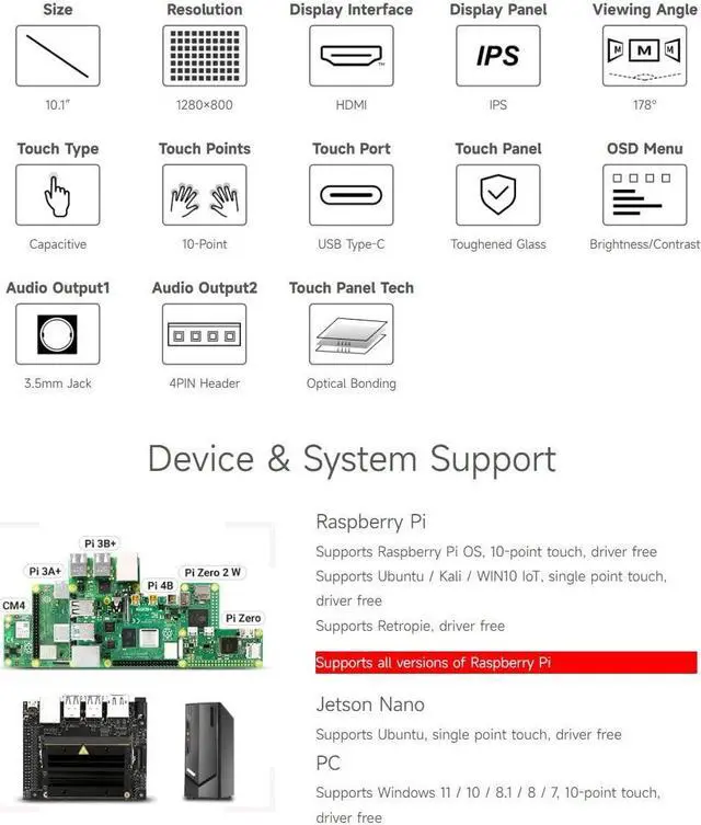 Alt view image 4 of 5 - waveshare 10.1inch Capacitive Touch LCD IPS Display, 1280x800 Resolution, HDMI Interface, Compatible with Raspberry Pi 5/4B/3B/Zero/Zero W/Zero 2W/Pico/Pico W/Pico WH, Support Jetson Nano/PC