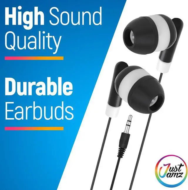 Alt view image 4 of 5 - JustJamz Bulk Earbuds 100 Pack | Basic Ear Bud, Black Dot in-Ear Earphones, Disposable Headphones, Class Headphones Set for Students, Earphones for Class, Kids, Classroom, Library, Wired Earbuds