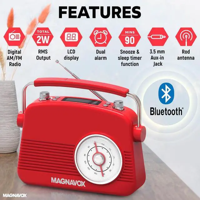 Alt view image 2 of 5 - Magnavox Retro Dual Alarm Clock FM Radio - Bluetooth Wireless Technology, LCD Display, Snooze & Sleep Timer - Ideal for Home, Bedroom & Office (Red)