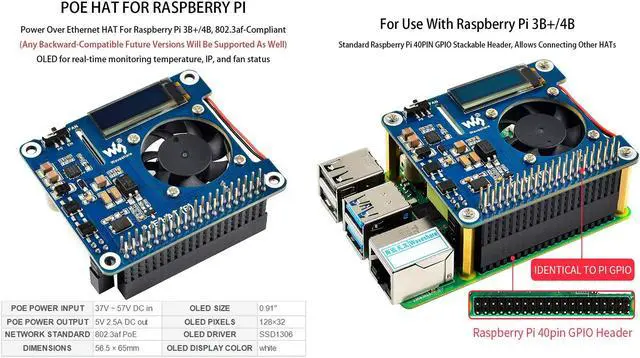 Alt view image 4 of 5 - Power Over Ethernet HAT (B) for Raspberry Pi 3 Model B+ / Raspberry Pi 4 Model B, PoE HAT Board with 0.91" OLED and Cooling Fan, Support 802.3af PoE Network Power-Sourcing Equipment Required