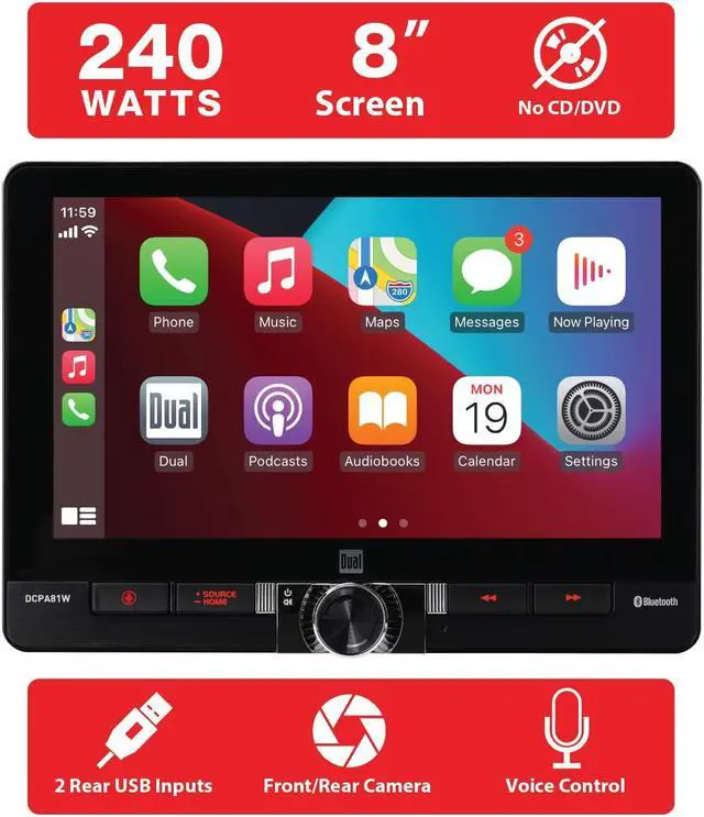 Alt view image 3 of 5 - Dual Electronics DCPA81W 8-inch Certified Apple CarPlay Android Auto Wired or Wireless | Single DIN & Double DIN Touchscreen Car Stereo Radio | Bluetooth | Front & Rear Camera | USB Playback & Charge