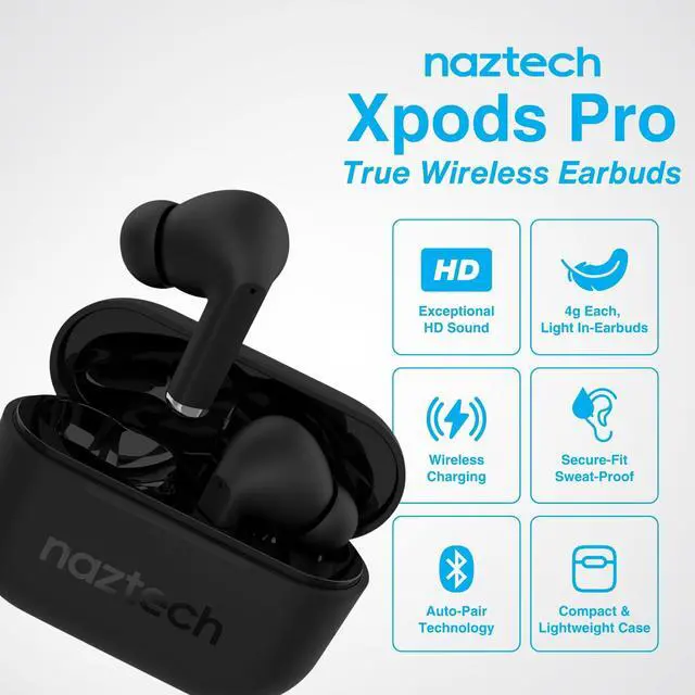 Alt view image 2 of 5 - Naztech Xpods PRO - True Wireless Noise Cancelling Earbuds w/Touch Control, IPX4 Water-Resistant, HD Sound, Secure Fit for Sports, Gym Workouts & More, Includes Wireless Charging Case - Black
