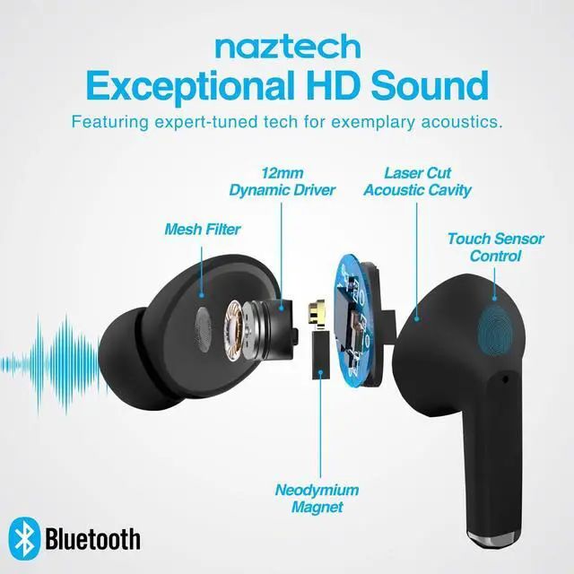 Alt view image 3 of 5 - Naztech Xpods PRO - True Wireless Noise Cancelling Earbuds w/Touch Control, IPX4 Water-Resistant, HD Sound, Secure Fit for Sports, Gym Workouts & More, Includes Wireless Charging Case - Black