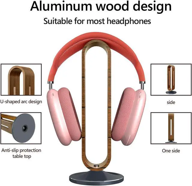 Alt view image 2 of 5 - Geekria Wooden | Aluminum Alloy Headphones Stand for Over-Ear Headphones, Gaming Headset Holder, Desk Display Hanger with Solid Heavy Base Compatible with Sony, Bose, Shure, Jabra, JBL (Walnut)
