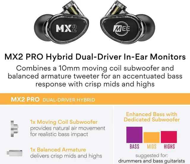 Alt view image 3 of 5 - MEE audio Professional MX2 PRO Dual-Driver Hybrid Musician's in Ear Monitor Headphones with Dedicated Subwoofer for Realistic Bass, Noise Isolating Earphones with Detachable Cables, Black