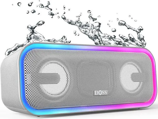 Main image of DOSS SoundBox Pro+ Bluetooth Speaker with 24W Impressive Sound, Booming Bass, IPX6 Waterproof, 15Hrs Playtime, Wireless Stereo Pairing, Mixed Colors Lights, 66 FT- Grey