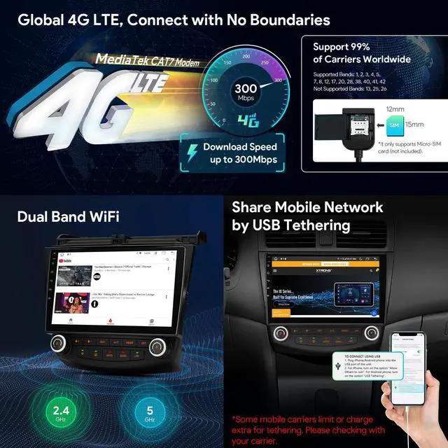 Alt view image 3 of 5 - XTRONS Android 13 Car Stereo Radio Player 10.1" IPS Touch Screen GPS Navigation Octa Core 4GB RAM 64GB ROM Bluetooth Head Unit 5G WiFi Built-in 4G DSP Car Play Android Auto for Honda Accord 2003-2007