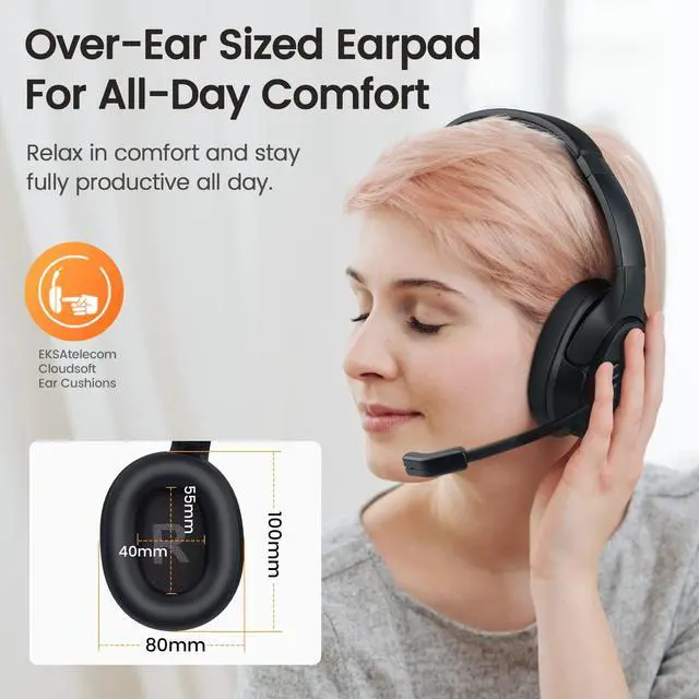 Alt view image 4 of 5 - EKSA Wireless Headset with Mic for Work, Bluetooth 5.0 Headset with AI-Powered Noise Cancelling Microphone - Bluetooth Wireless Headphones with Mic for Work/PC/Laptop/Computer/Office/Zoom